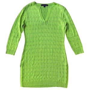 Ralph Lauren Black Label Silk Cable Knit Sweater Tunic in Chartreuse Sz L